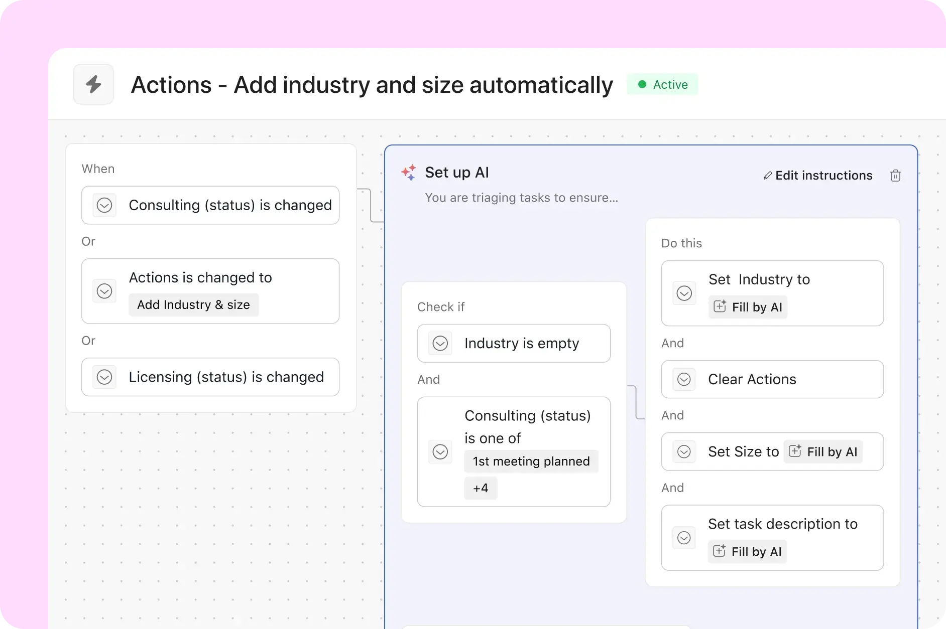 Product UI that shows how Asana partner iDO uses AI Studio to enrich leads and reduce the need for manual research